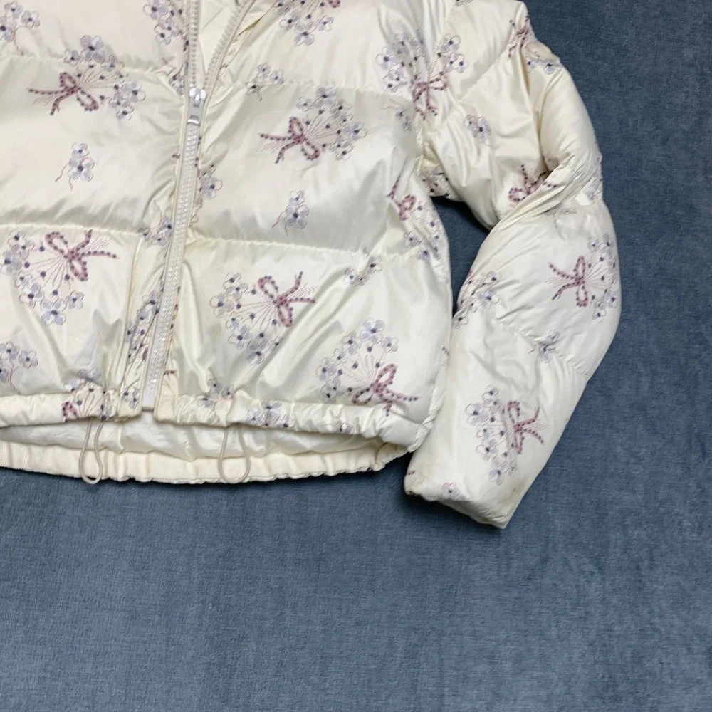 Coach Puffer Jacket Womens Large Cream Floral Print Long Sleeve Winter Full Zip